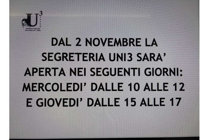 NUOVI ORARI SEGRETRIA DAL 2 NOVEMBRE